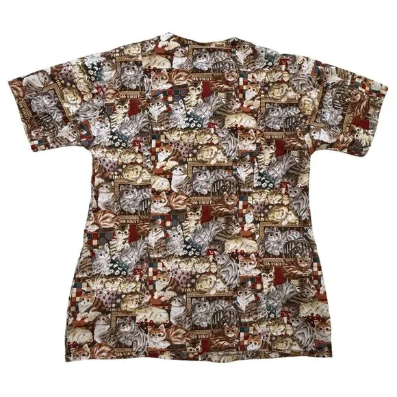 Pearl Healthwear Cat Print Scrub Top Medium Cotton Pearl Snap Made In USA - Picture 4 of 6